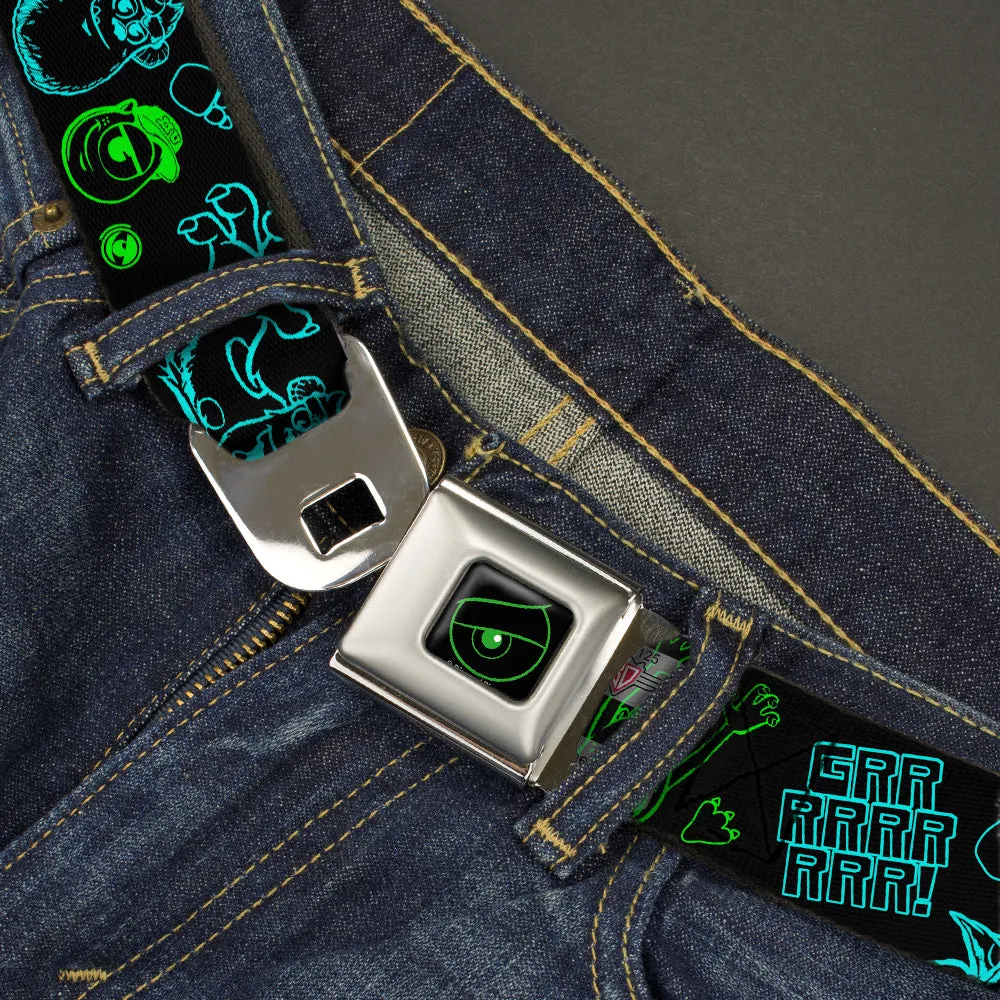 Monsters Eye Full Color Black Neon Green Seatbelt Belt - Monsters Inc. Sully & Mike Poses/GRRRRR! Black/Turquoise/Green Webbing