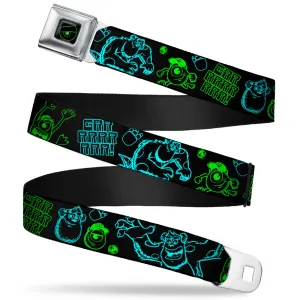 Monsters Eye Full Color Black Neon Green Seatbelt Belt - Monsters Inc. Sully & Mike Poses/GRRRRR! Black/Turquoise/Green Webbing