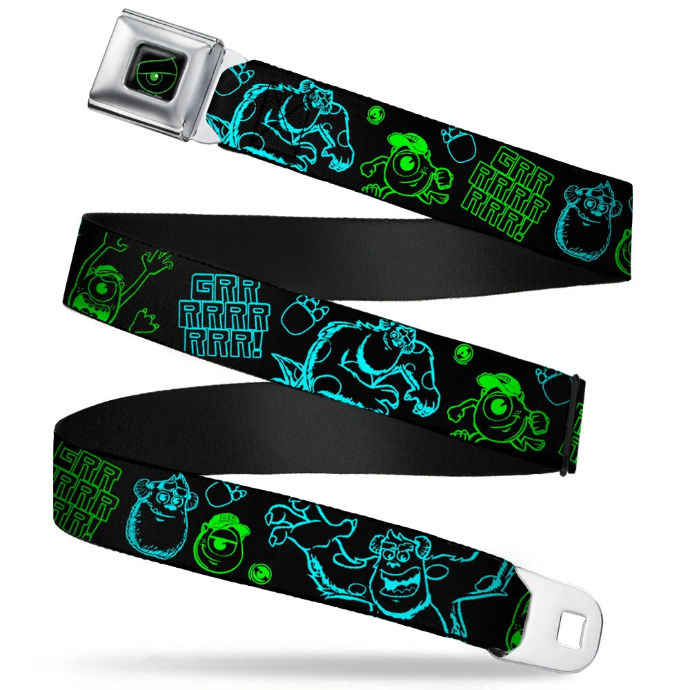 Monsters Eye Full Color Black Neon Green Seatbelt Belt - Monsters Inc. Sully & Mike Poses/GRRRRR! Black/Turquoise/Green Webbing