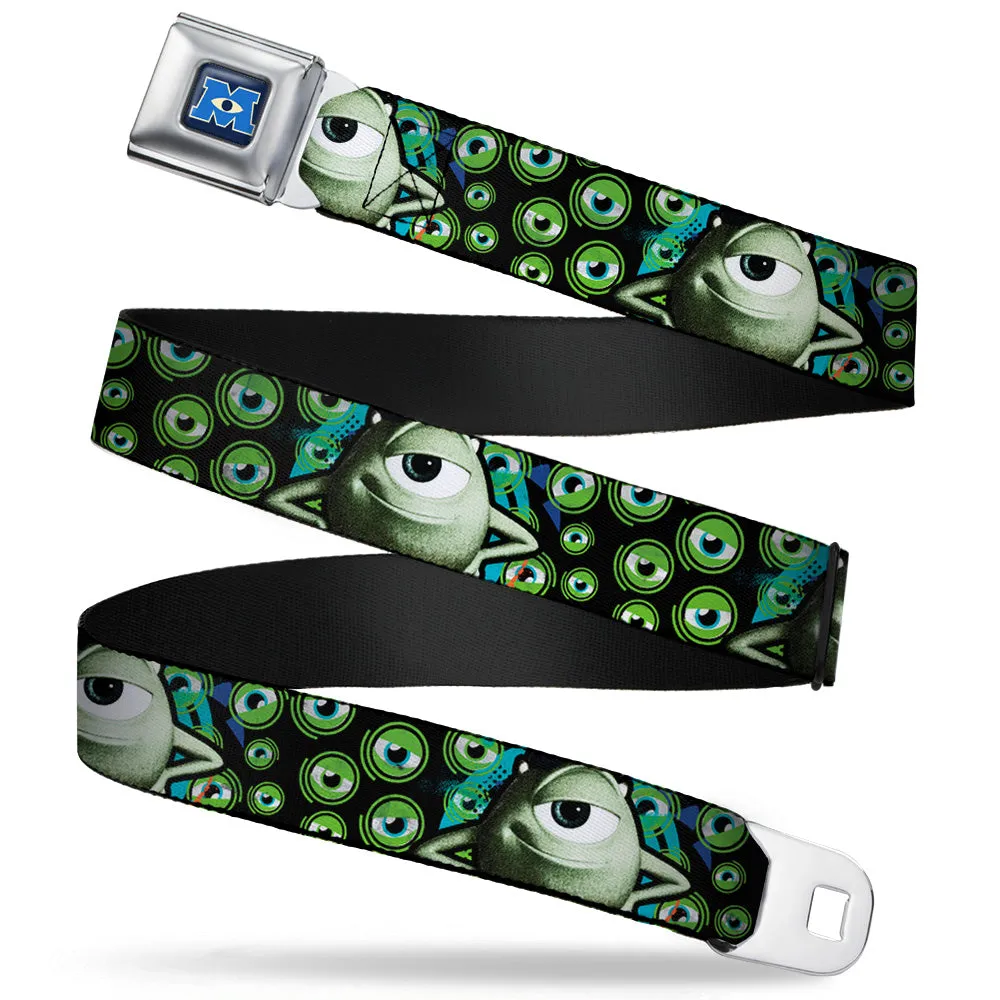 Monsters University Logo Full Color Blue White Seatbelt Belt - Mike Poses/Eyeballs Black/Greens Webbing