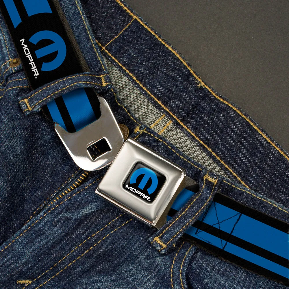 MOPAR Logo Full Color Black Blue White Seatbelt Belt - MOPAR Logo/Stripe Black/Blue Webbing