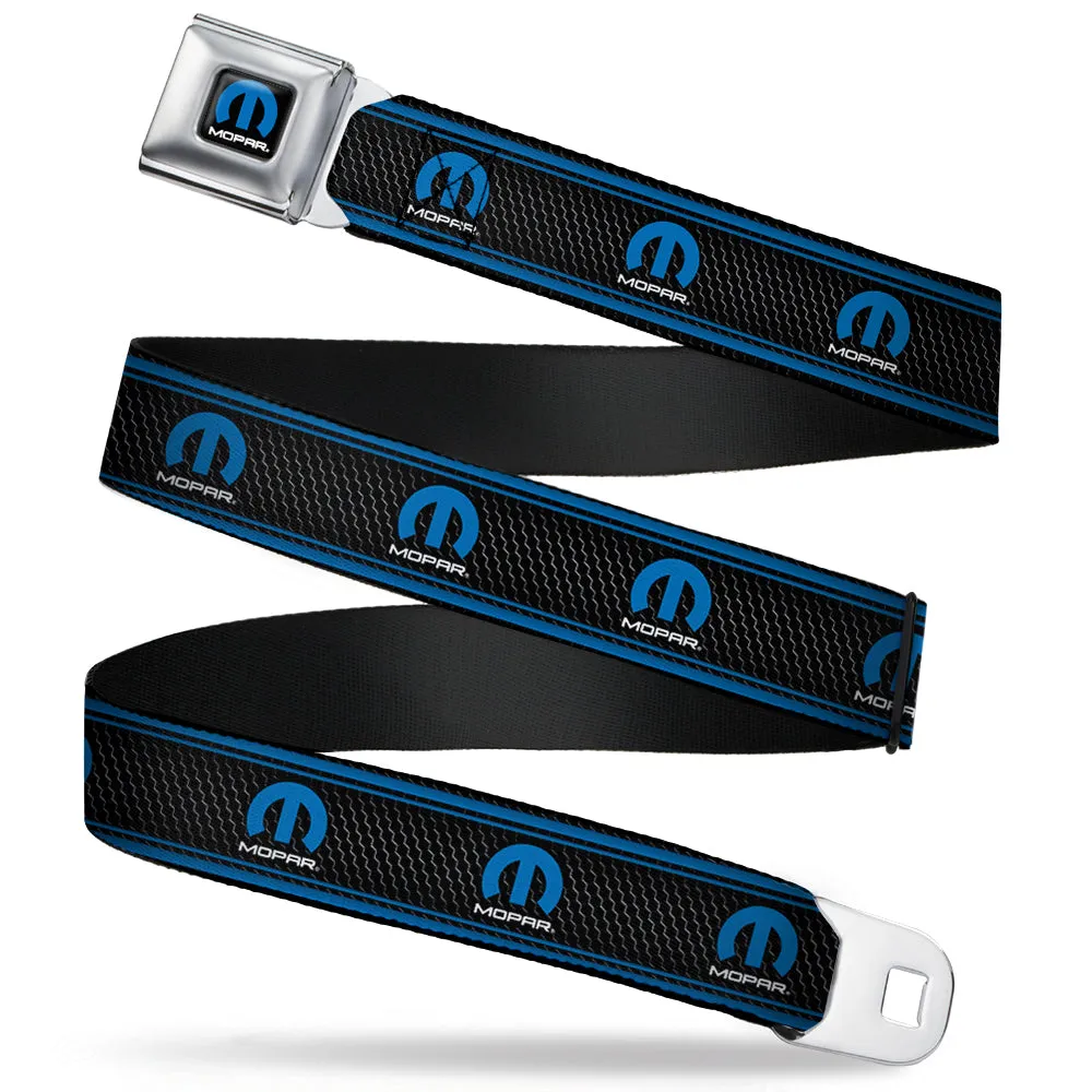 MOPAR Logo Full Color Black Blue White Seatbelt Belt - MOPAR Logo/Stripe/Grill Black/Grays/Blues Webbing