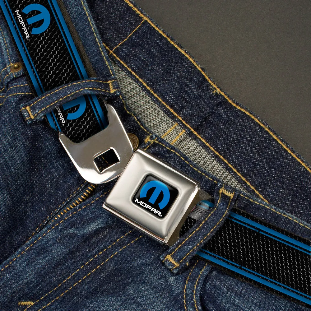 MOPAR Logo Full Color Black Blue White Seatbelt Belt - MOPAR Logo/Stripe/Grill Black/Grays/Blues Webbing