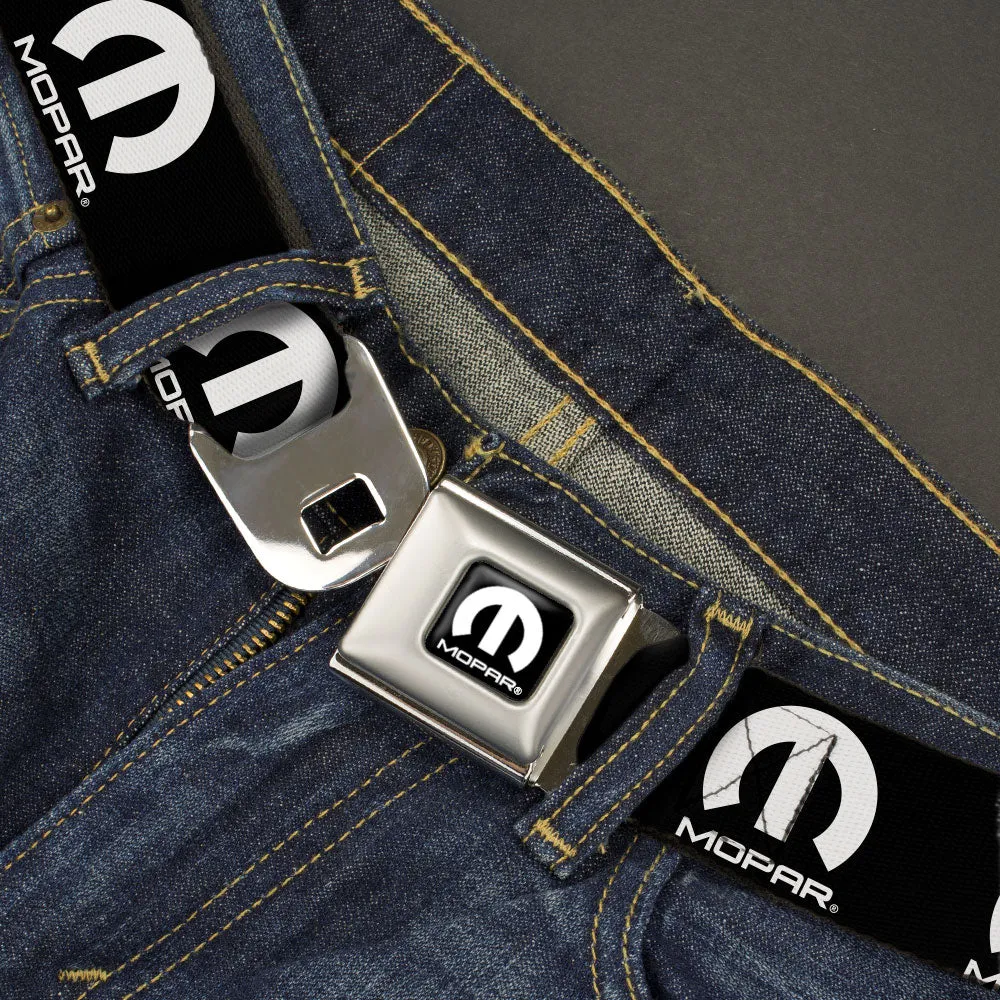 MOPAR Logo Full Color Black/White Seatbelt Belt - MOPAR Logo Repeat Black/White Webbing