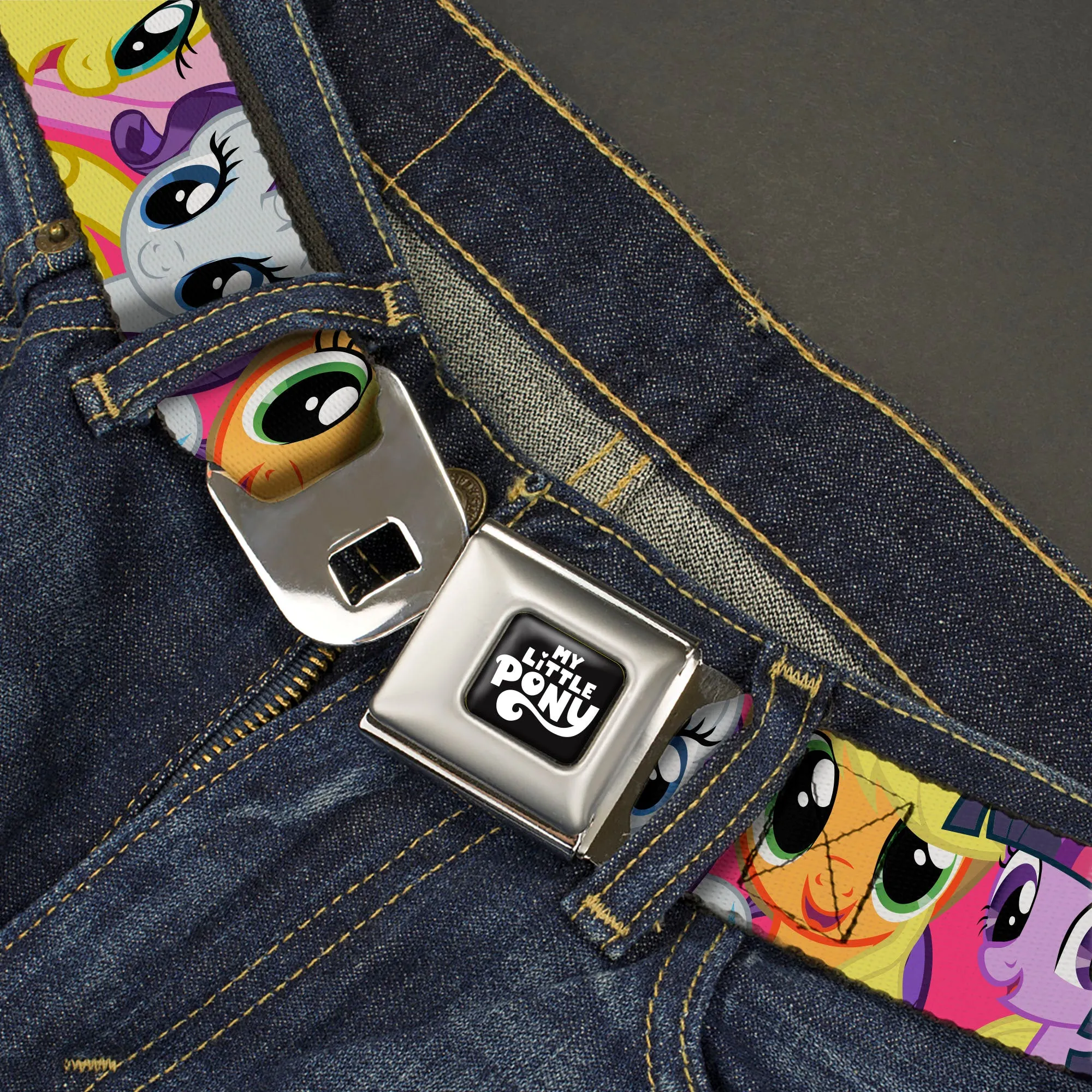 MY LITTLE PONY Title Logo Full Color Black/Purple/White Seatbelt Belt - My Little Pony Mane Six Eye Expressions Close-Up Multi Color Webbing