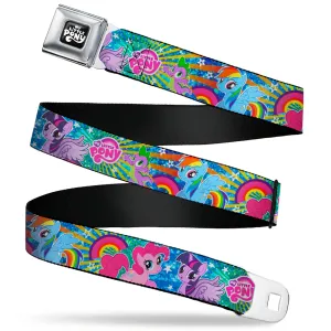 MY LITTLE PONY Title Logo Full Color Black/Purple/White Seatbelt Belt - My Little Pony Three Ponies and Spike Pose Rainbows and Rays Blues/Multi Color Webbing