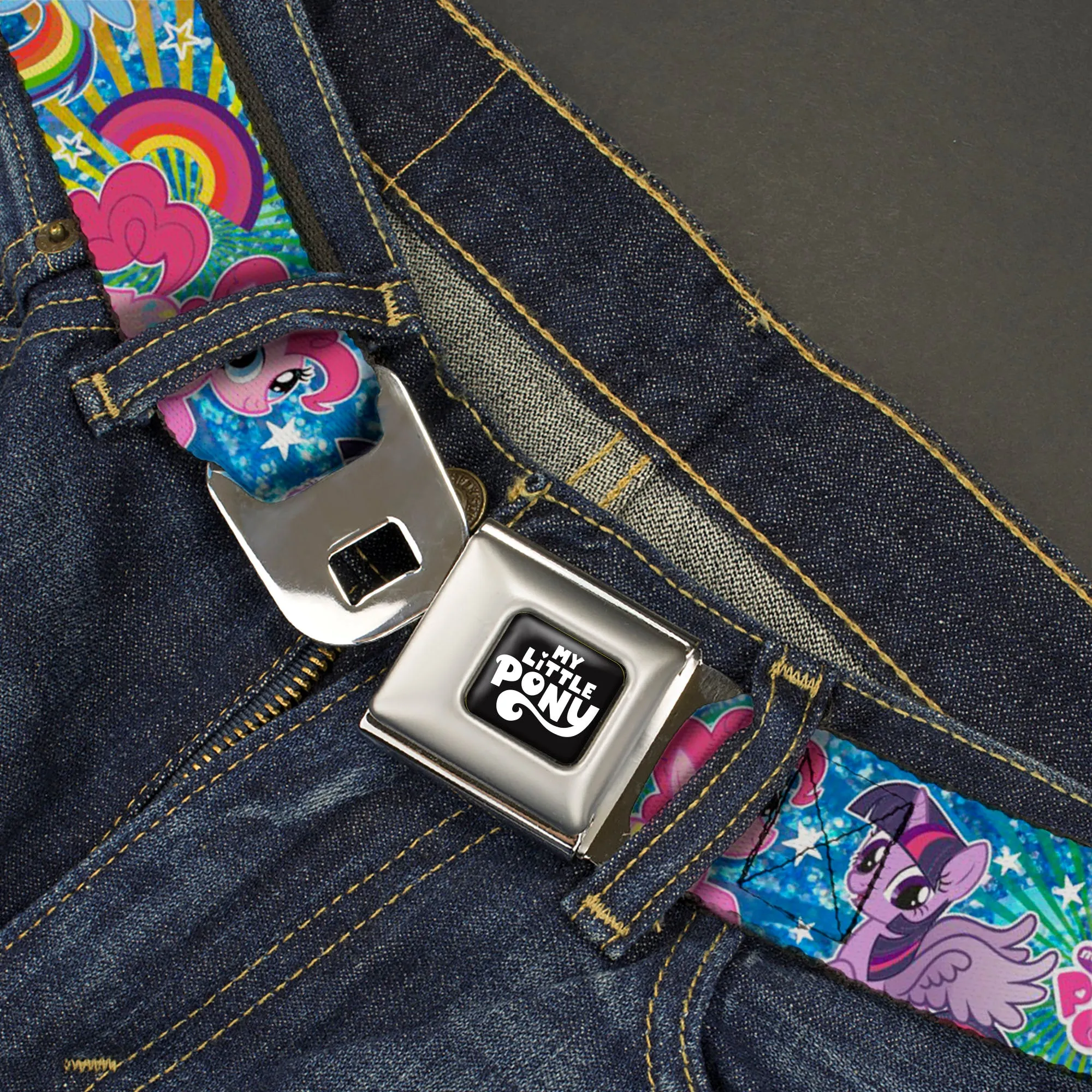 MY LITTLE PONY Title Logo Full Color Black/Purple/White Seatbelt Belt - My Little Pony Three Ponies and Spike Pose Rainbows and Rays Blues/Multi Color Webbing