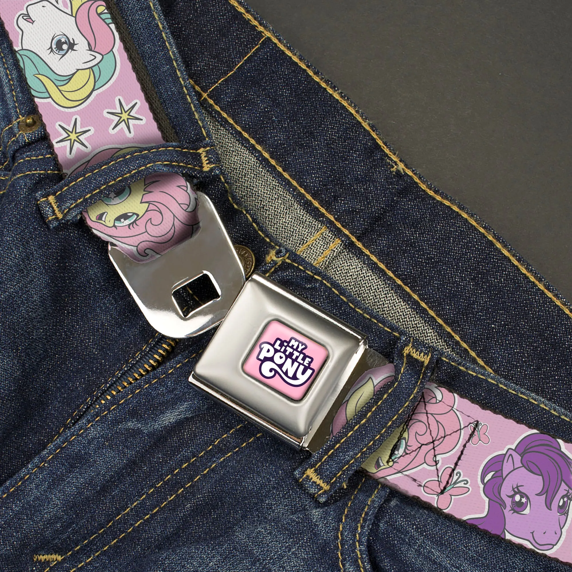 MY LITTLE PONY Title Logo Full Color Pinks/Purples/White Seatbelt Belt - My Little Pony Generations Five Pony Faces and Cutie Marks Pink Webbing