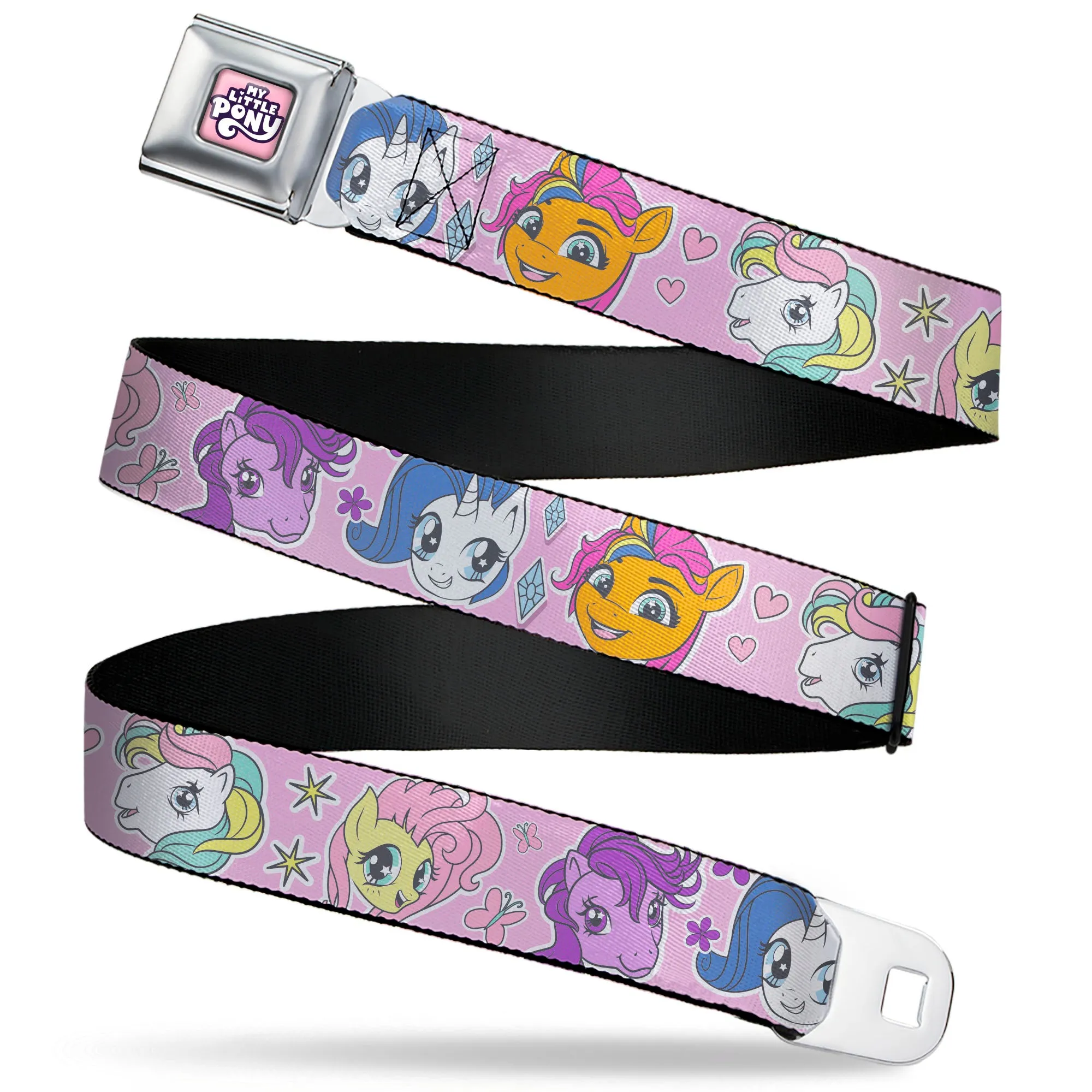 MY LITTLE PONY Title Logo Full Color Pinks/Purples/White Seatbelt Belt - My Little Pony Generations Five Pony Faces and Cutie Marks Pink Webbing