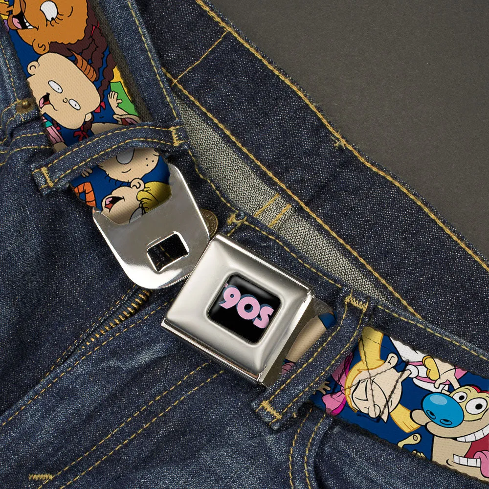 Nick 90'S Rewind Icon Full Color Black/Blue/Pink Seatbelt Belt - Nick 90's Rewind 16-Character Poses Navy Blue Webbing