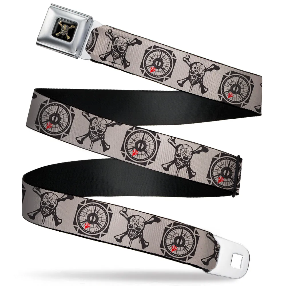 Pirates of The Caribbean Dead Men Tell No Tales Skull Icon Full Color Black Seatbelt Belt - Pirates Dead Men Tell No Tales Skull Icon/Compass Cream/Black/Red Webbing