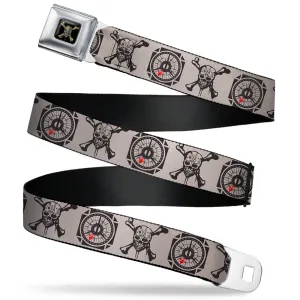 Pirates of The Caribbean Dead Men Tell No Tales Skull Icon Full Color Black Seatbelt Belt - Pirates Dead Men Tell No Tales Skull Icon/Compass Cream/Black/Red Webbing