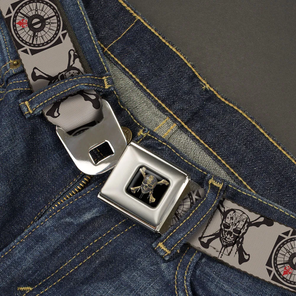 Pirates of The Caribbean Dead Men Tell No Tales Skull Icon Full Color Black Seatbelt Belt - Pirates Dead Men Tell No Tales Skull Icon/Compass Cream/Black/Red Webbing