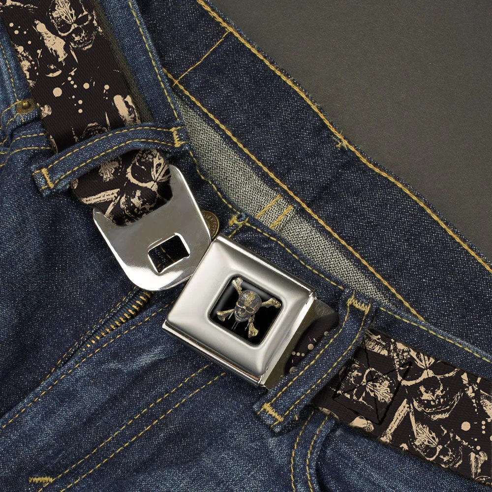 Pirates of The Caribbean Dead Men Tell No Tales Skull Icon Full Color Black Seatbelt Belt - Pirates Skulls Scattered/Splatter Black/Tan/Red Webbing