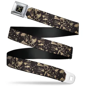 Pirates of The Caribbean Dead Men Tell No Tales Skull Icon Full Color Black Seatbelt Belt - Pirates Skulls Scattered/Splatter Black/Tan/Red Webbing
