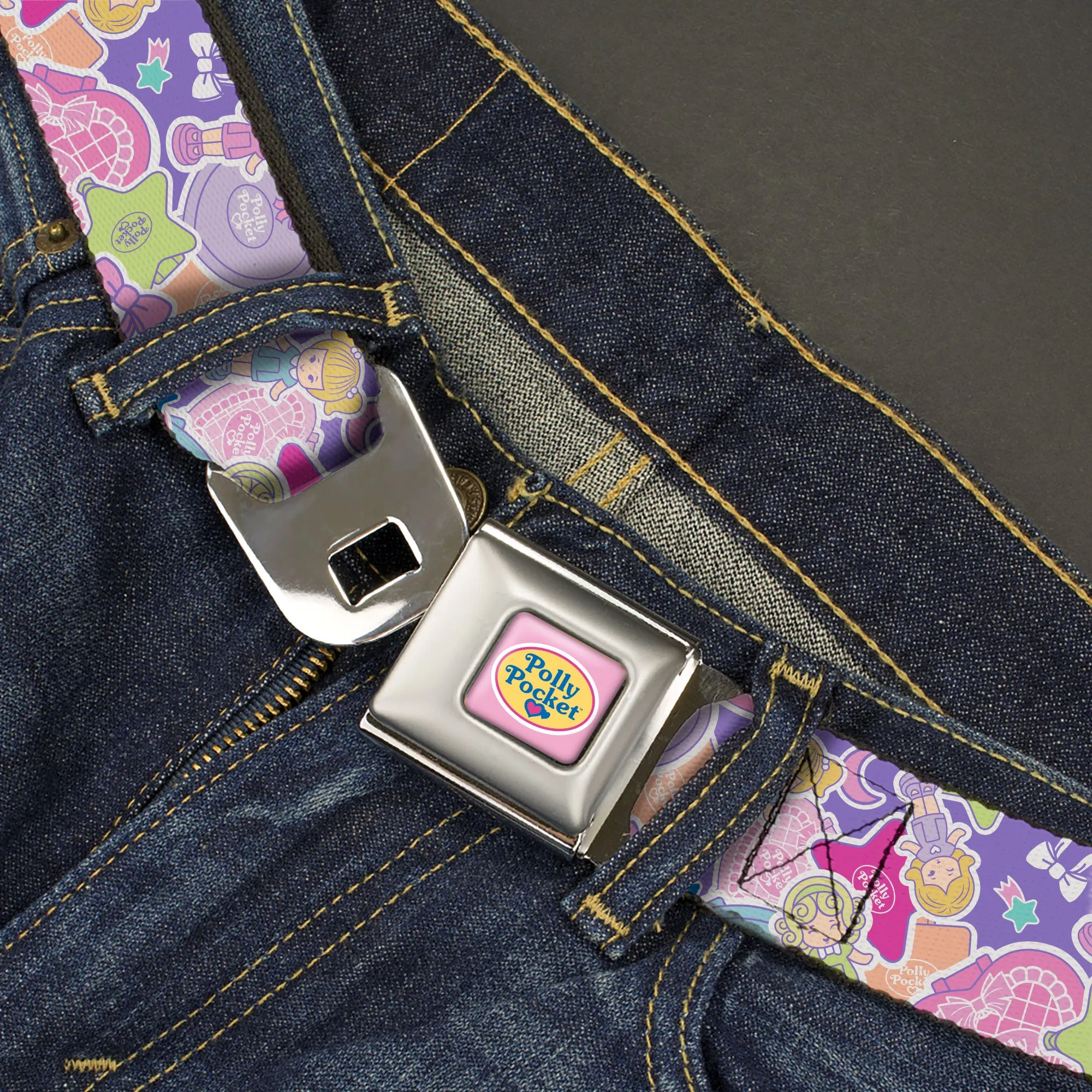 POLLY POCKET Title Logo Full Color Lavender/White Seatbelt Belt - Polly Pocket Dolls and Compacts Collage Lavender Webbing