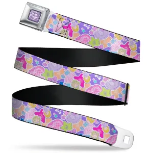 POLLY POCKET Title Logo Full Color Lavender/White Seatbelt Belt - Polly Pocket Dolls and Compacts Collage Lavender Webbing