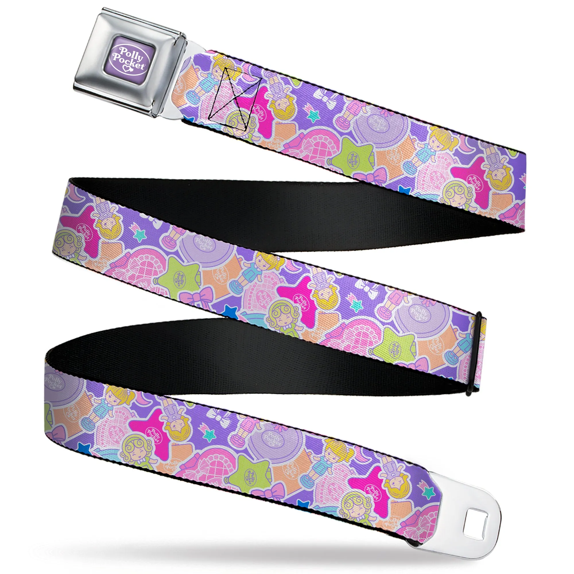 POLLY POCKET Title Logo Full Color Lavender/White Seatbelt Belt - Polly Pocket Dolls and Compacts Collage Lavender Webbing