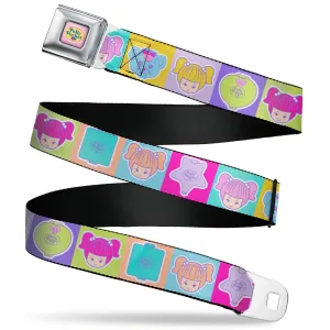 POLLY POCKET Title Logo Full Color Pink Seatbelt Belt - POLLY POCKET Doll Faces and Title Logo Blocks Multi Color Webbing