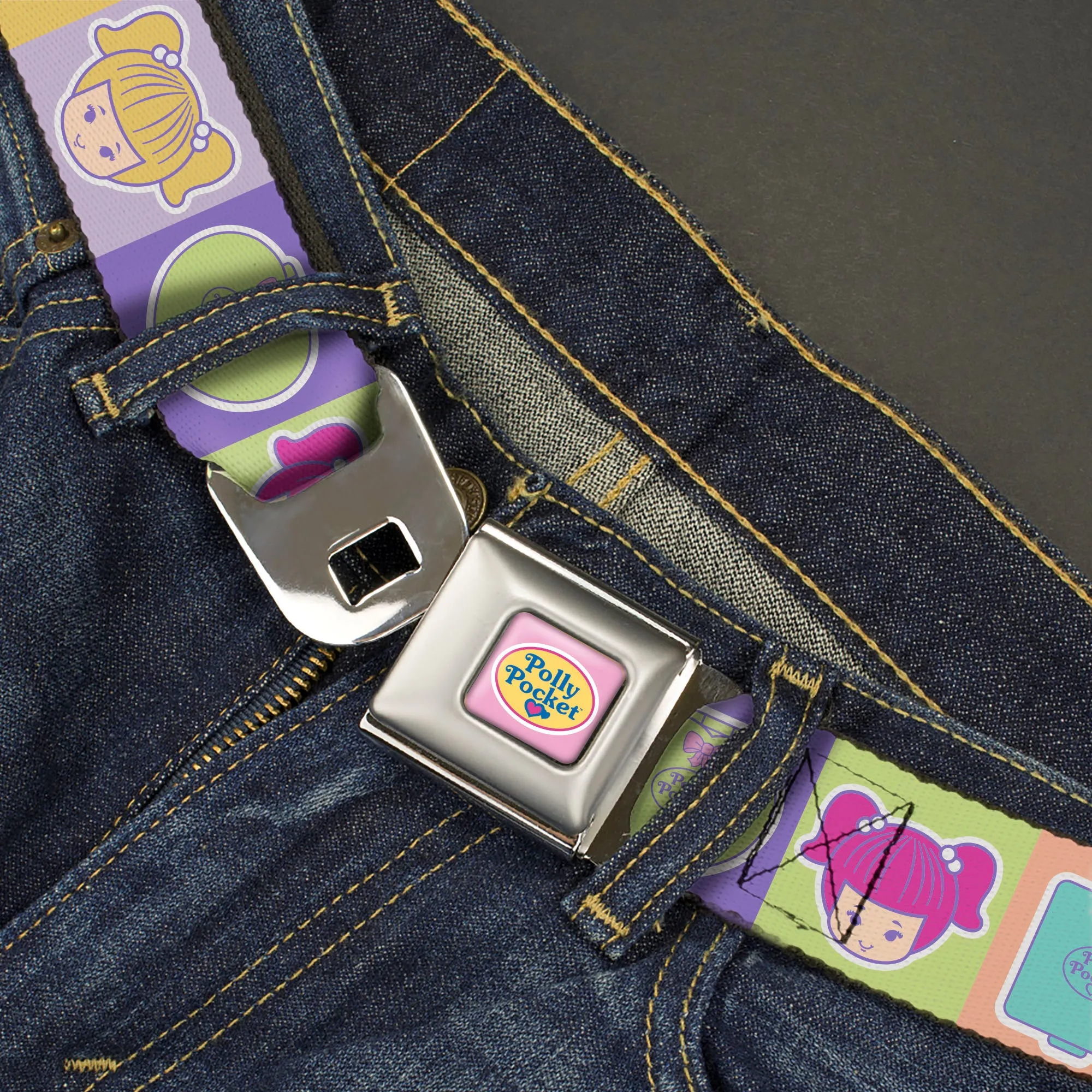 POLLY POCKET Title Logo Full Color Pink Seatbelt Belt - POLLY POCKET Doll Faces and Title Logo Blocks Multi Color Webbing