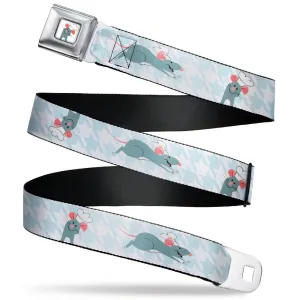 Ratatouille Remy Smiling Pose Full Color White Seatbelt Belt - Ratatouille Remy Poses Houndstooth White/Baby Blue Webbing
