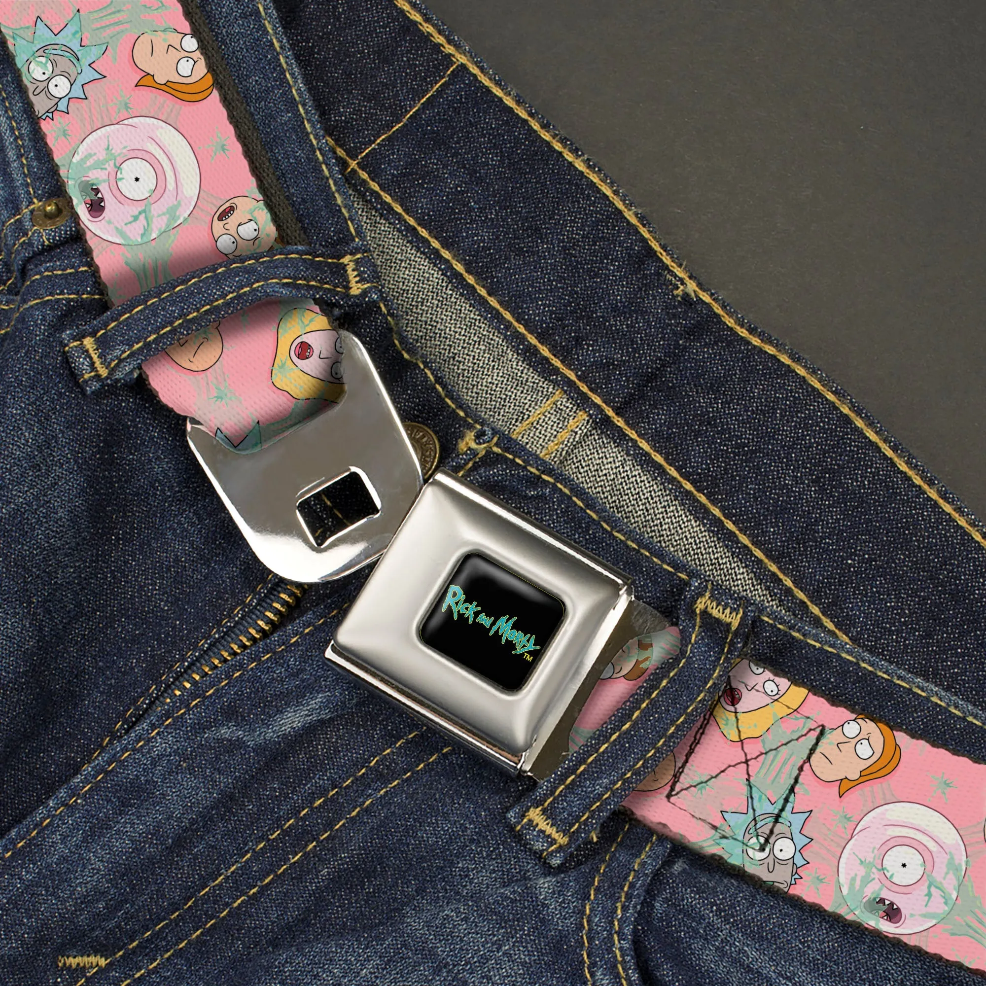 RICK AND MORTY Text Logo Full Color Black/Blue Seatbelt Belt - Rick & Morty Smith Family and Sticky Faces Scattered Pink Webbing