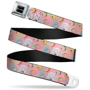 RICK AND MORTY Text Logo Full Color Black/Blue Seatbelt Belt - Rick & Morty Smith Family and Sticky Faces Scattered Pink Webbing