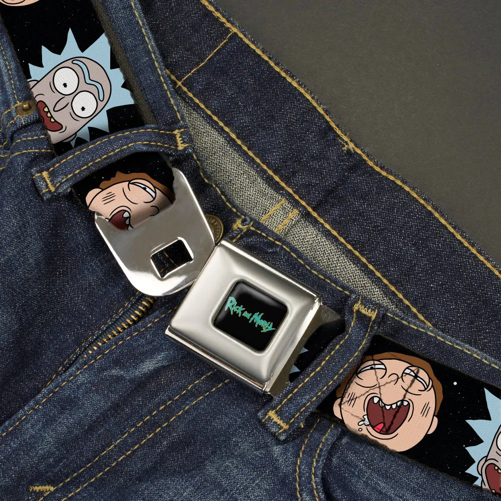 RICK AND MORTY Text Logo Full Color Black/Blue Seatbelt Belt - Rick and Morty Expressions in Space Webbing