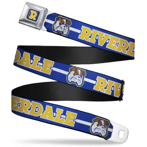 RIVERDALE "R" Logo Full Color Blue White Yellow Seatbelt Belt - RIVERDALE/Bulldog Mascot Stripe Blue/White/Yellow Webbing