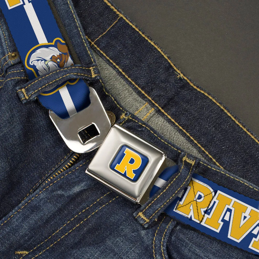 RIVERDALE "R" Logo Full Color Blue White Yellow Seatbelt Belt - RIVERDALE/Bulldog Mascot Stripe Blue/White/Yellow Webbing