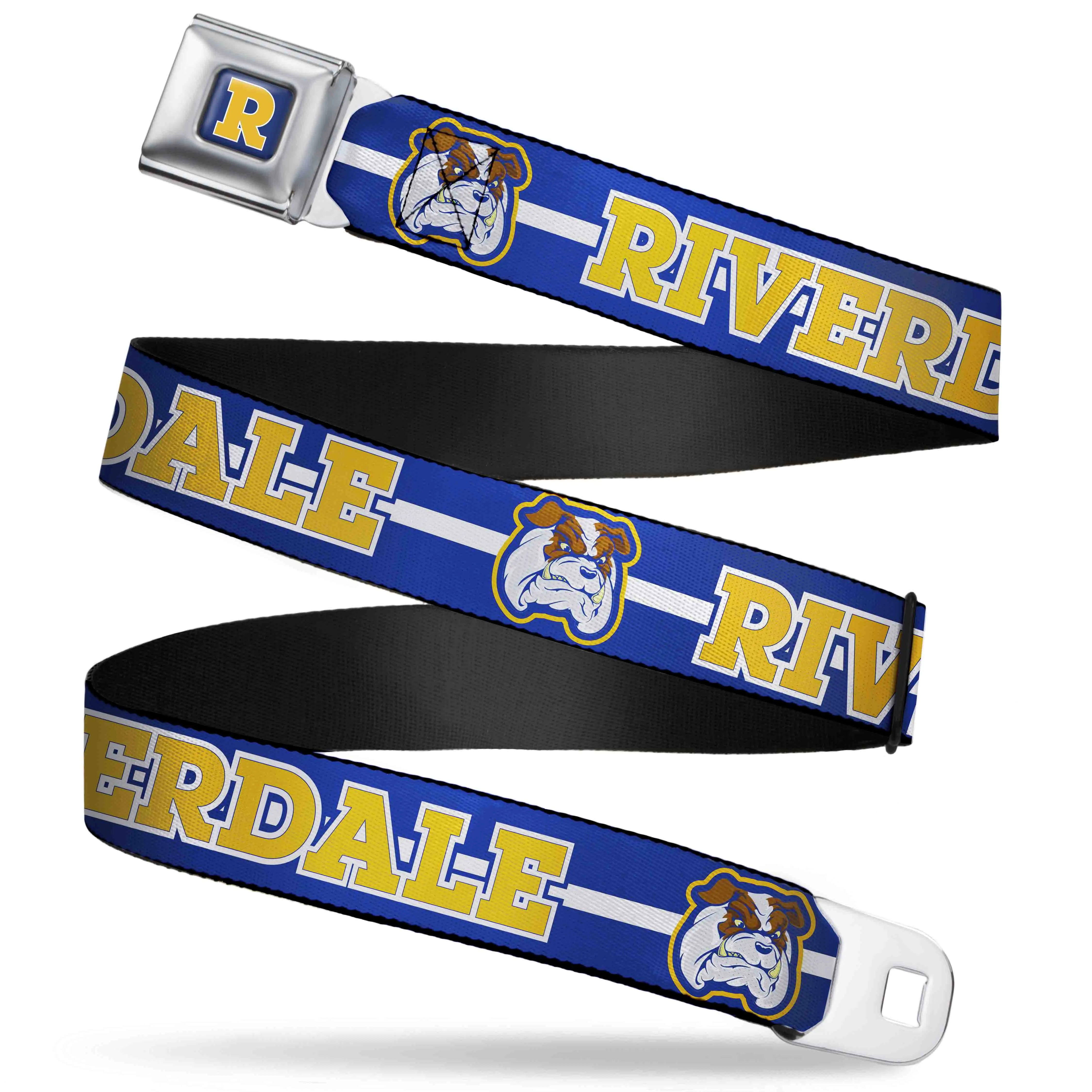 RIVERDALE "R" Logo Full Color Blue White Yellow Seatbelt Belt - RIVERDALE/Bulldog Mascot Stripe Blue/White/Yellow Webbing