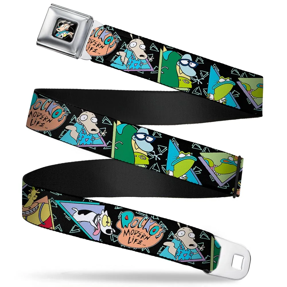 Rocko & Spunky Pose Full Color Black Seatbelt Belt - ROCKO'S MODERN LIFE Character Portraits/Triangles Black/Blue Webbing