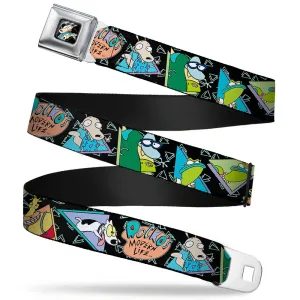 Rocko & Spunky Pose Full Color Black Seatbelt Belt - ROCKO'S MODERN LIFE Character Portraits/Triangles Black/Blue Webbing
