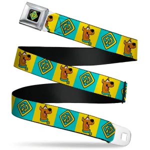 SD Dog Tag Full Color Black/Yellow/Blue Seatbelt Belt - Scooby Doo Pose and Dog Tag Blocks Yellow/Blue Webbing