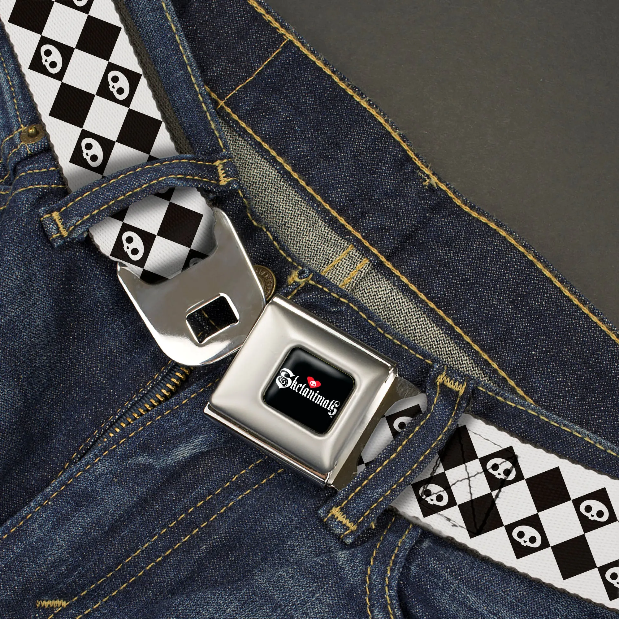 SKELANIMALS Title Logo Full Color Black/White/Red Seatbelt Belt - Skelanimals Face Logo Checker White/Black Webbing