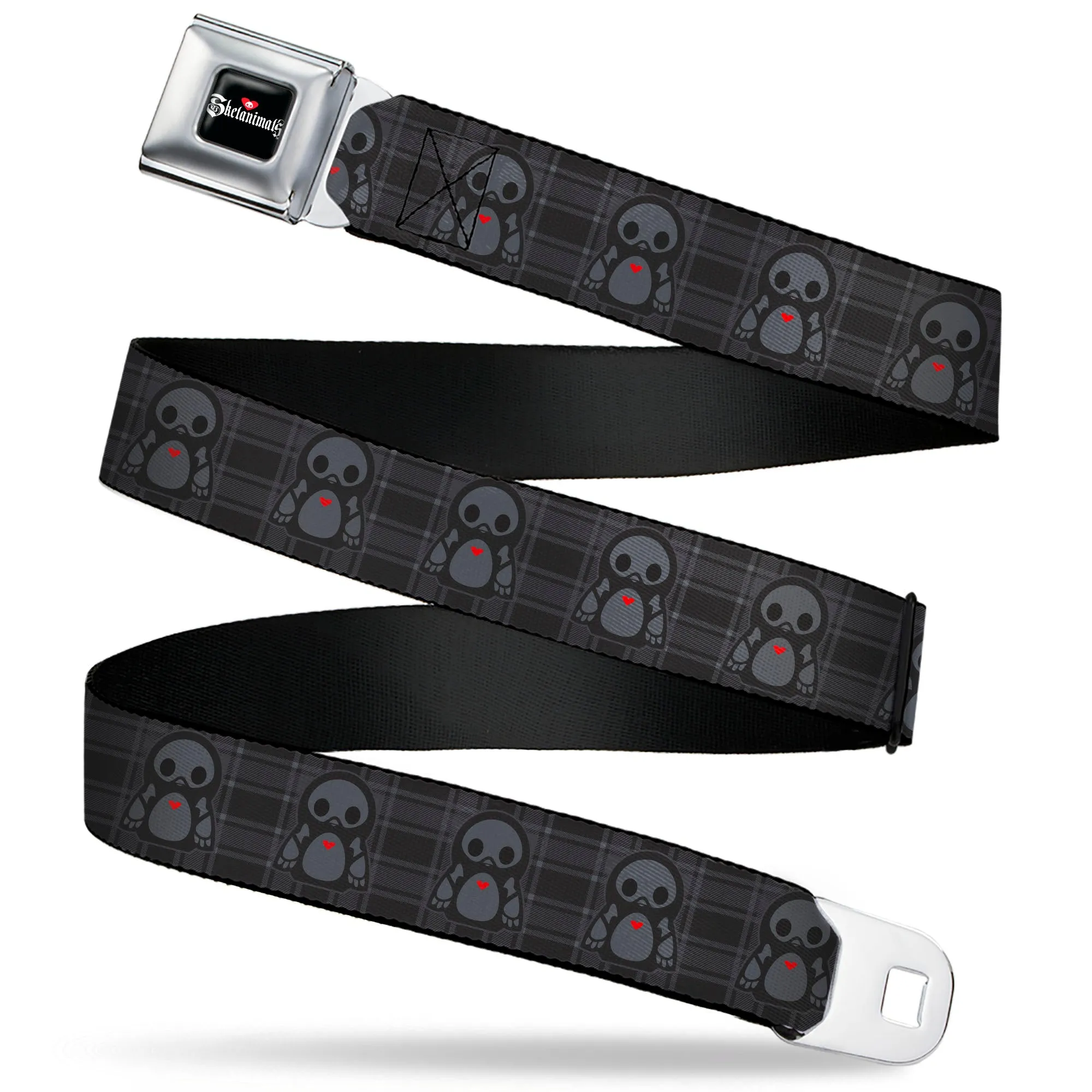 SKELANIMALS Title Logo Full Color Black/White/Red Seatbelt Belt - Skelanimals Pen the Penguin Pose Plaid Grays/Black Webbing