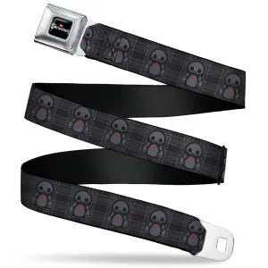SKELANIMALS Title Logo Full Color Black/White/Red Seatbelt Belt - Skelanimals Pen the Penguin Pose Plaid Grays/Black Webbing