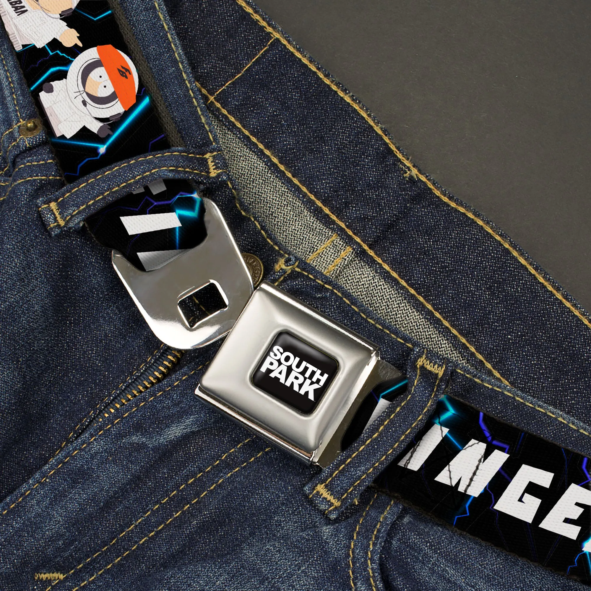 SOUTH PARK Title Logo Full Color Black/White Seatbelt Belt - South Park Boy Band FINGERBANG Lightning Pose Black Webbing