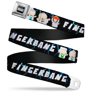 SOUTH PARK Title Logo Full Color Black/White Seatbelt Belt - South Park Boy Band FINGERBANG Lightning Pose Black Webbing
