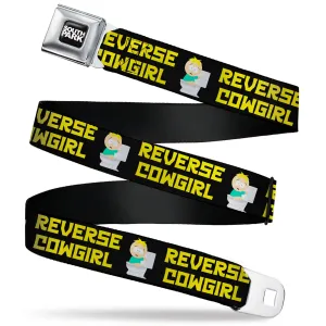 SOUTH PARK Title Logo Full Color Black/White Seatbelt Belt - South Park Butters REVERSE COWGIRL Toilet Pose Black/Yellow Webbing