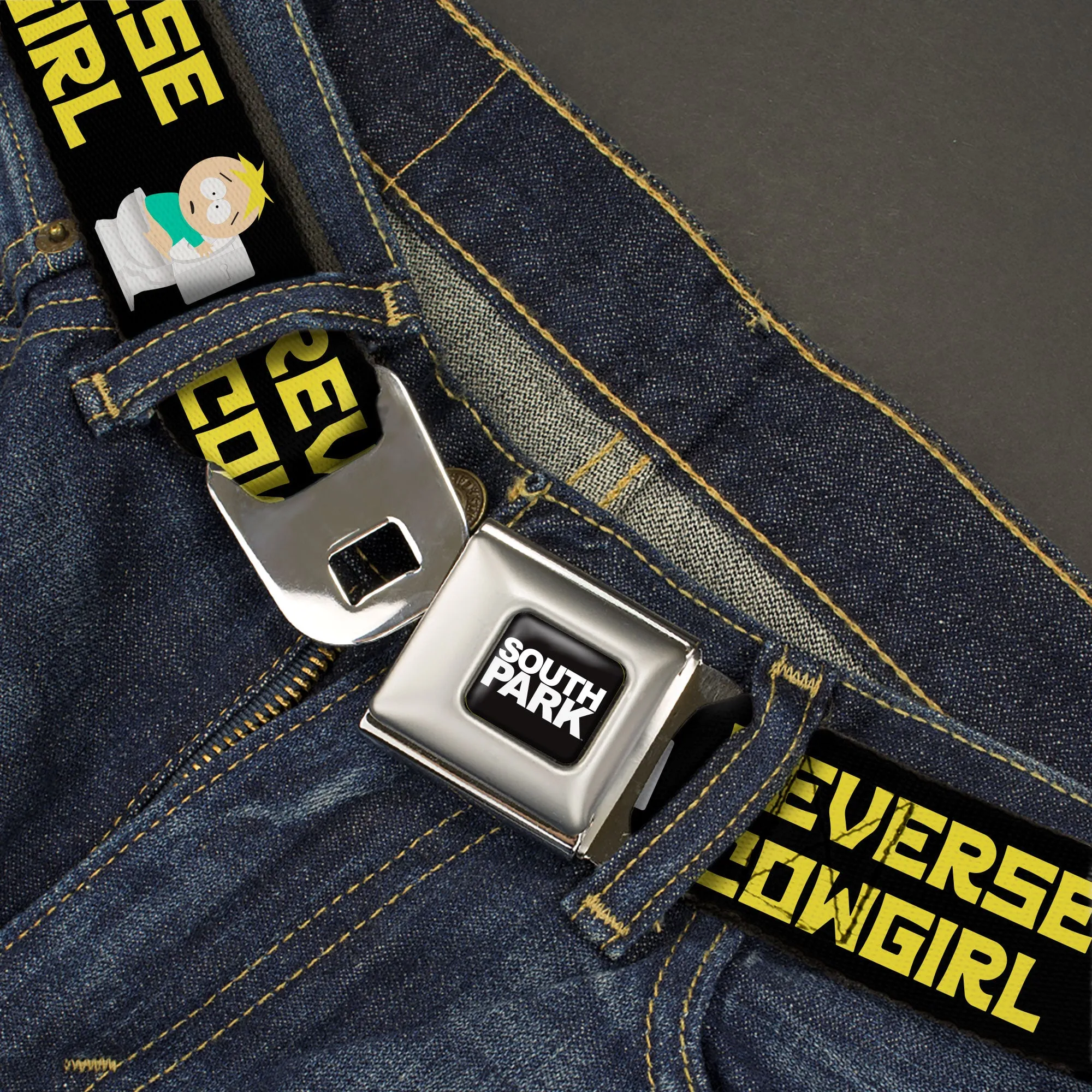 SOUTH PARK Title Logo Full Color Black/White Seatbelt Belt - South Park Butters REVERSE COWGIRL Toilet Pose Black/Yellow Webbing