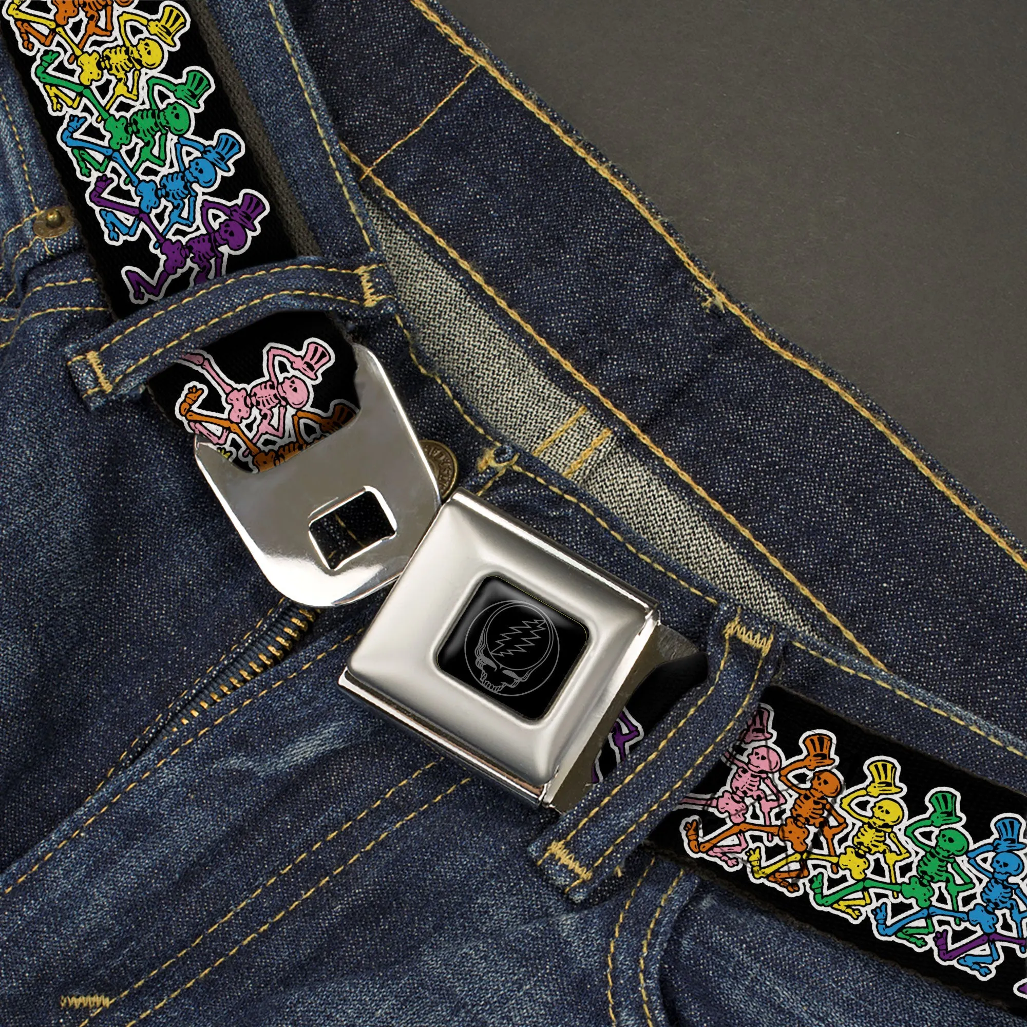 Steal Your Face Seatbelt Belt - Dancing Skeletons Black/Multi Color Webbing