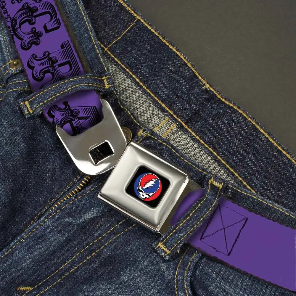 Steal Your Face Seatbelt Belt - Grateful Dead Text w/Skull & Roses Purple Webbing
