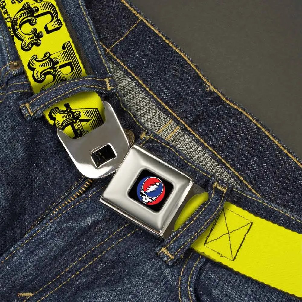 Steal Your Face Seatbelt Belt - Grateful Dead Text w/Skull & Roses Yellow Webbing