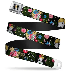 Tinker Bell Sketch Full Color Seatbelt Belt - Tinker Bell Poses/Sleeping Floral Collage Webbing