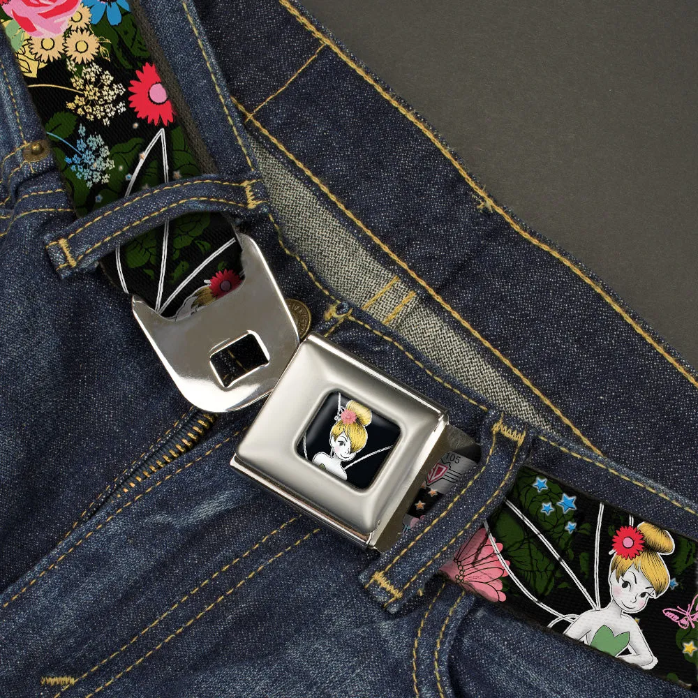 Tinker Bell Sketch Full Color Seatbelt Belt - Tinker Bell Poses/Sleeping Floral Collage Webbing