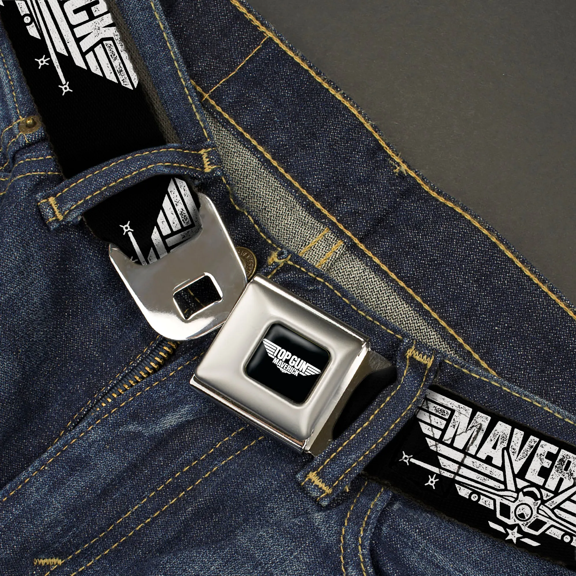 TOP GUN Title Logo Full Color Black/White Seatbelt Belt - TOP GUN MAVERICK Fighter Jet Logo Weathered Black/White Webbing