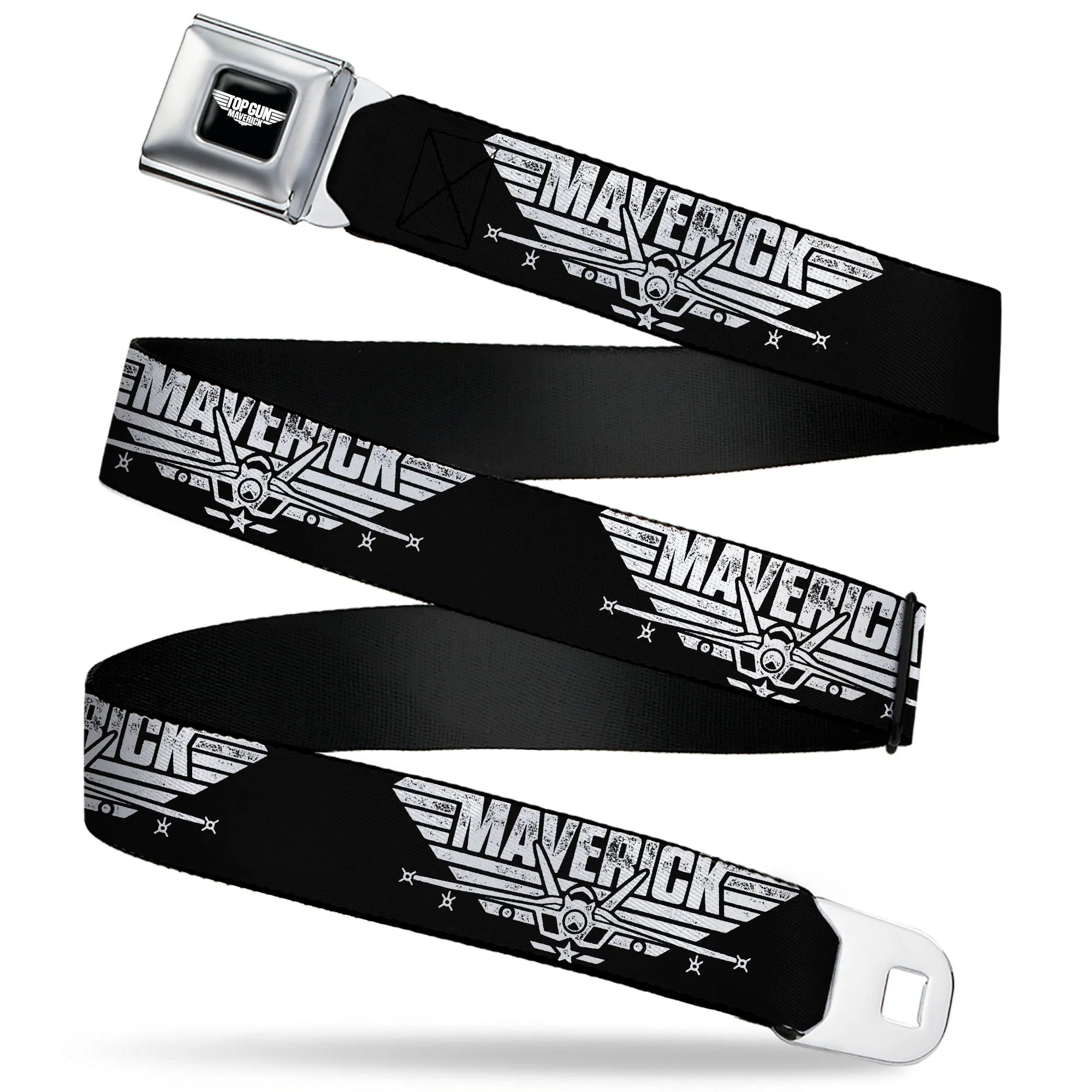TOP GUN Title Logo Full Color Black/White Seatbelt Belt - TOP GUN MAVERICK Fighter Jet Logo Weathered Black/White Webbing