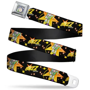Toy Story Buzz Lightyear Smiling CLOSE-UP Full Color Seatbelt Belt - Toy Story BUZZ LIGHTYEAR Running Pose/Stars Black/Orange/Yellow Webbing