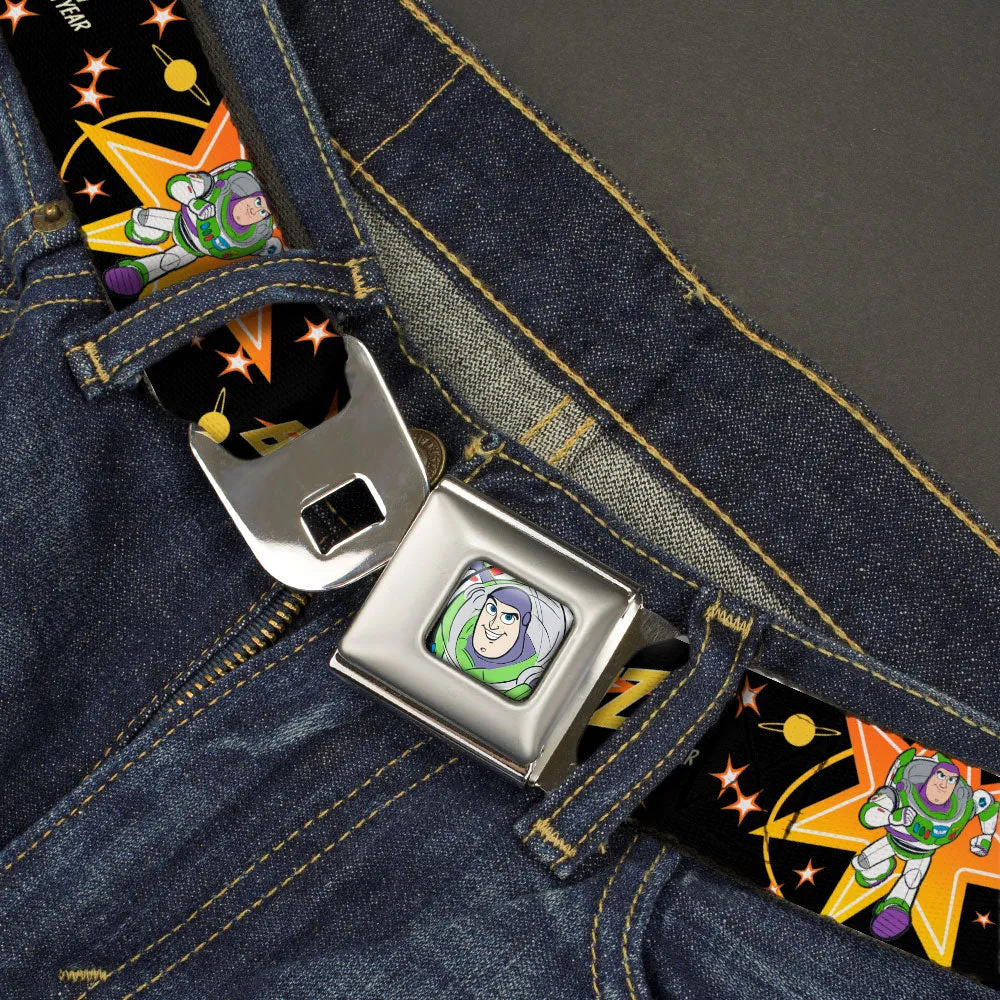 Toy Story Buzz Lightyear Smiling CLOSE-UP Full Color Seatbelt Belt - Toy Story BUZZ LIGHTYEAR Running Pose/Stars Black/Orange/Yellow Webbing